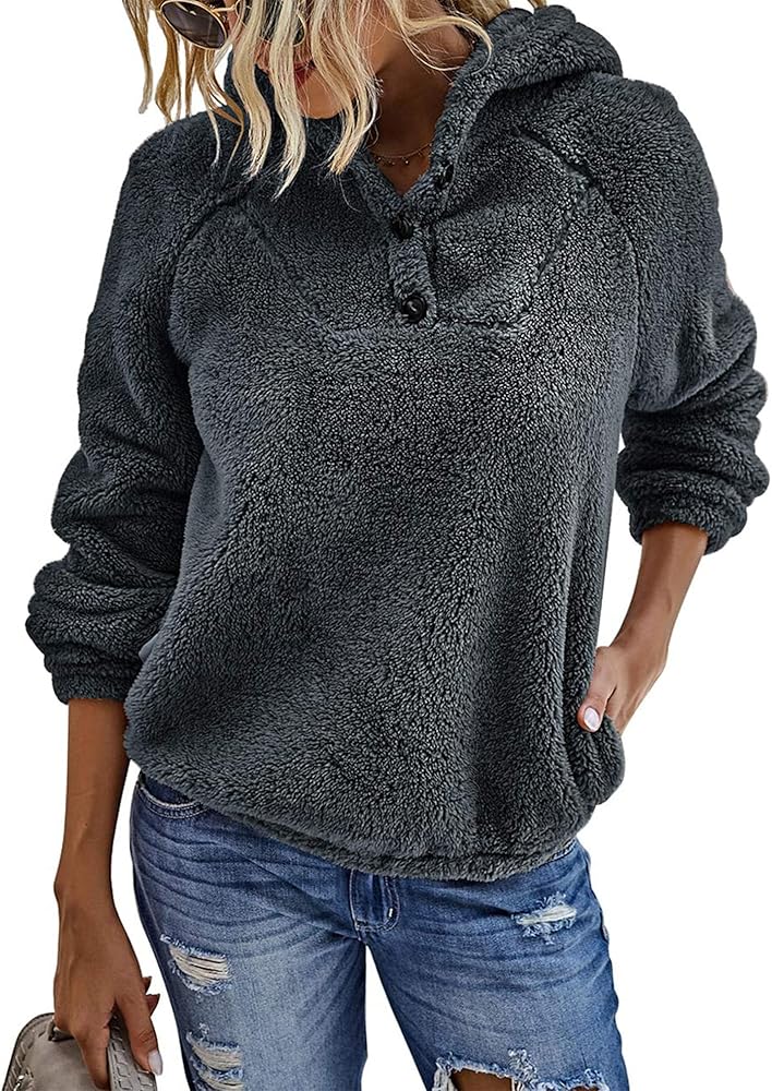 KIRUNDO Women's 2024 Winter Fuzzy Fleece Hoodies Sweatshirts Casual Long Sleeves Shaggy Sherpa Pullover With Pockets