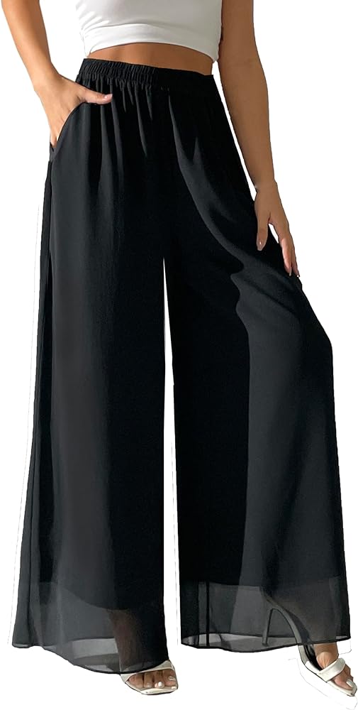 zsangbee Women's Wide Leg Palazzo Pants Chiffon Flowy Loose Party Wedding Dressy Casual Trousers