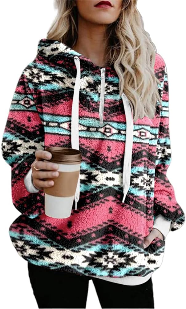 chouyatou Women's Warm Half Zip Tribal Aztec Printed Hooded Fuzzy Fleece Hoodie Sweatshirt