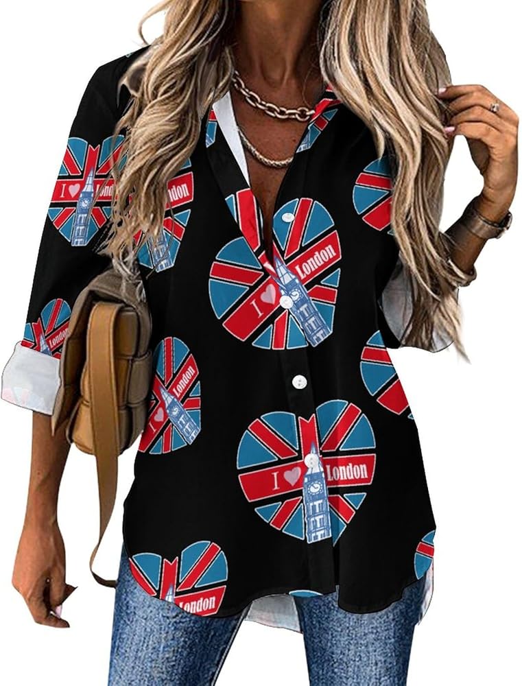 I Love London Classic Shirts for Women Long Sleeve Blouse Casual V Neck Tee Tops Work Office