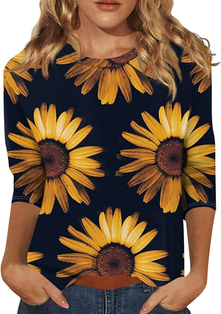 Womens Summer Tops Crewneck 3/4 Sleeve top Blouses Trendy Cute Sunflower Printed Casual Tee Clothes