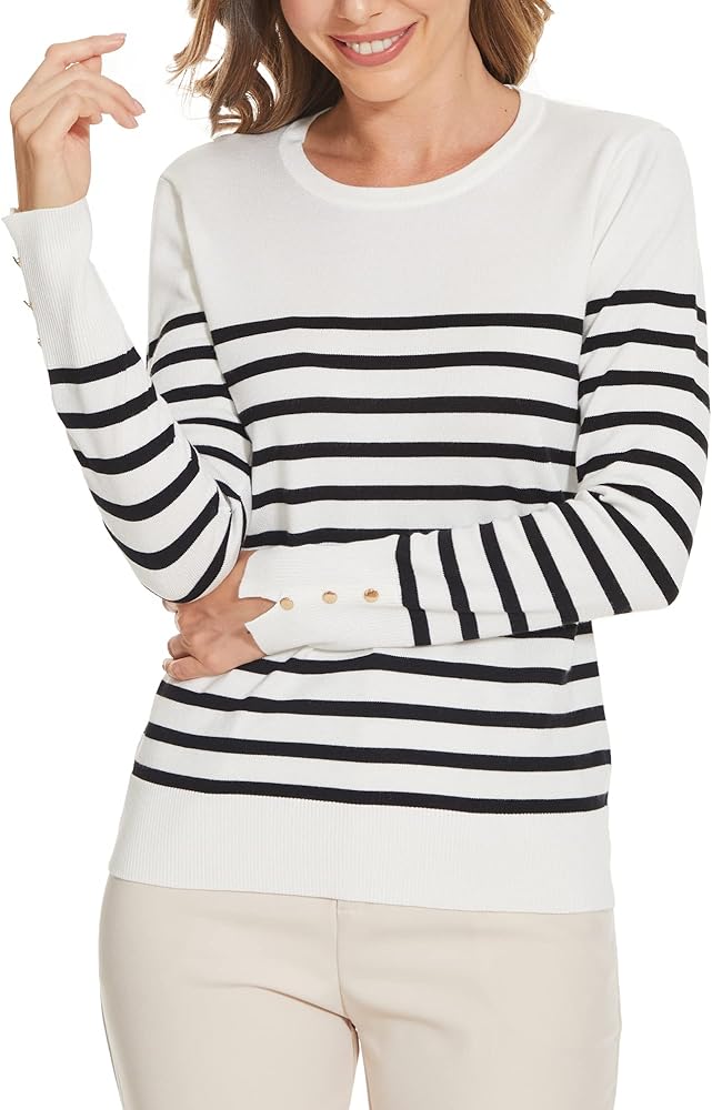 Sweaters for Women Striped Crew Neck Pullover Sweater Lightweight Long Sleeve Fall Knit Tops