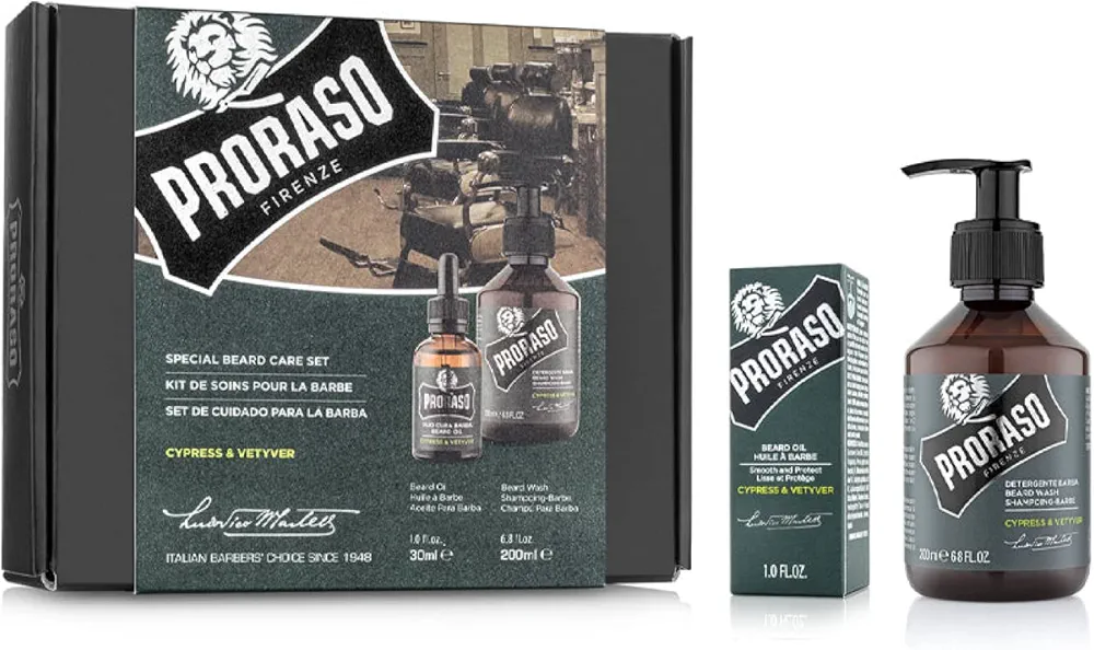 Proraso Beard Care Kit for Men | Beard Wash & Beard Oil Tame, Cleanse & Detangle Full, Thick and Coarse Beards | Cypress and Vetyver