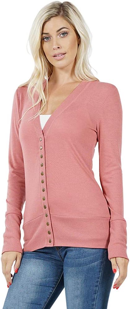 Cardigans for Women Long Sleeve Cardigan Knit Snap Button Sweater Regular & Plus - Ash Rose (1X)