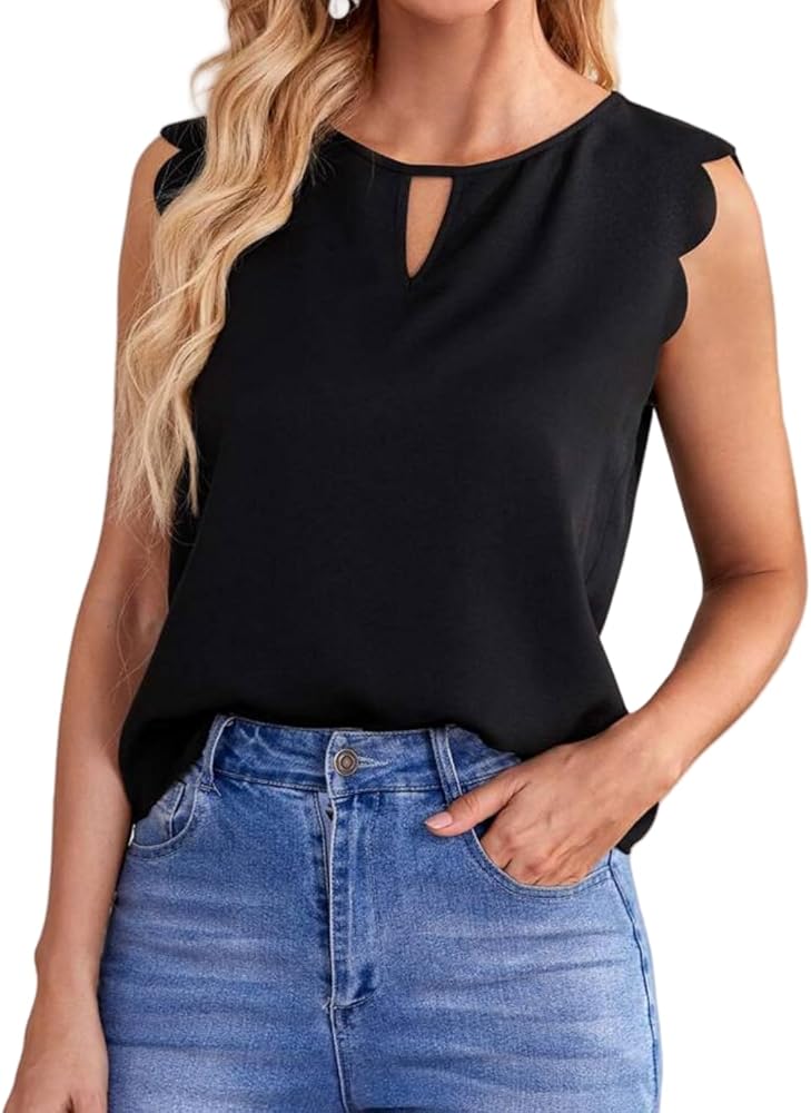 Women's Summer Tank Tops Scallop Trim Casual Blouses Sleeveless Solid Tee Tops