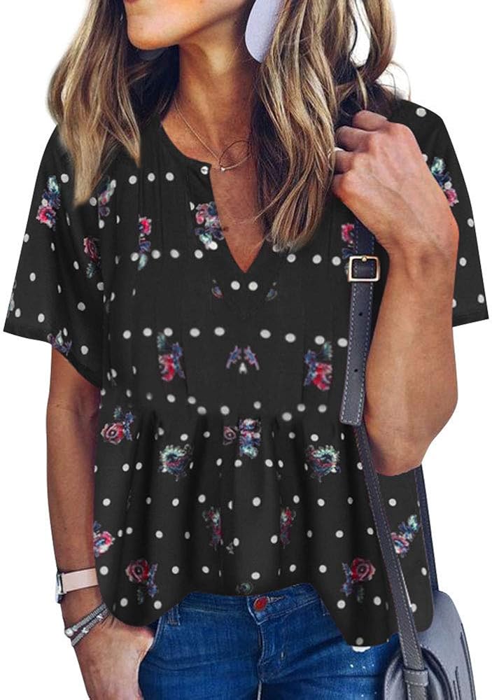 WLLW Women Bohemian Short Sleeve V Neck Floral Print T Shirt Babydoll Shirt Blouse Tunic Top