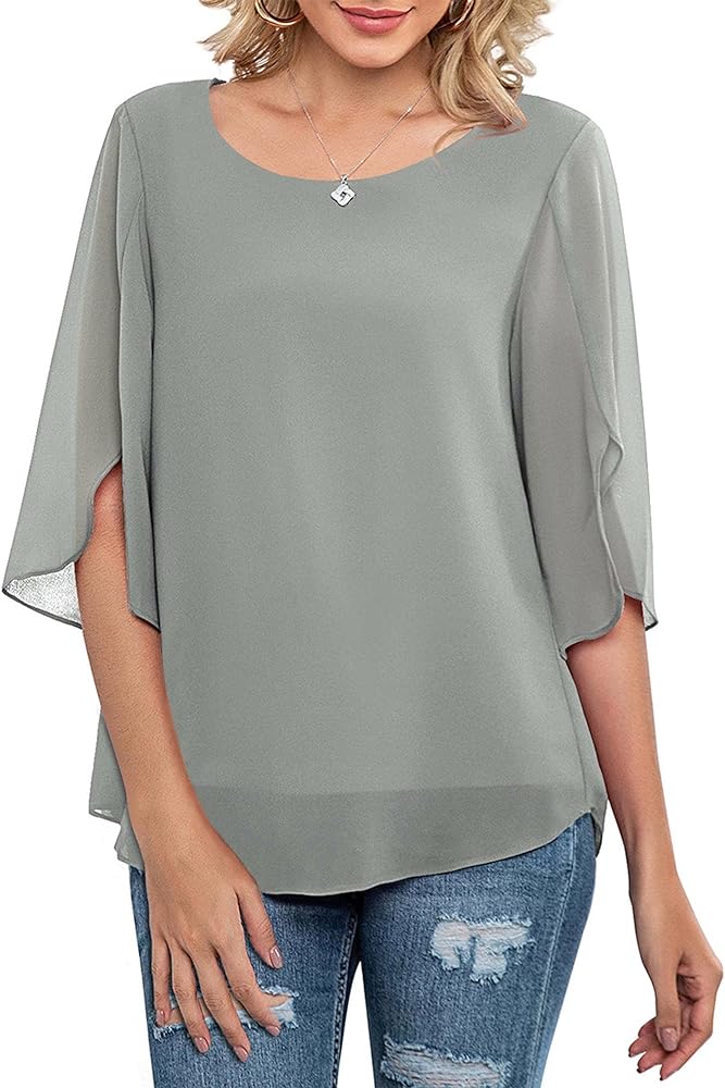 Neineiwu Womens Casual Scoop Neck Loose Top 3/4 Sleeve Chiffon Blouse Shirt Tops