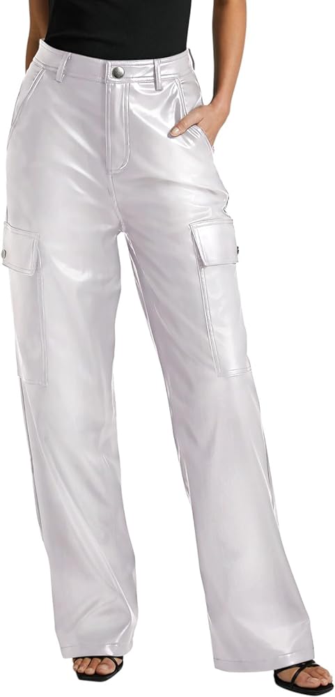 NIMIN Women's Faux Leather Cargo Pants High Waisted Straight Wide Leg Y2K Pants with 4 Pockets