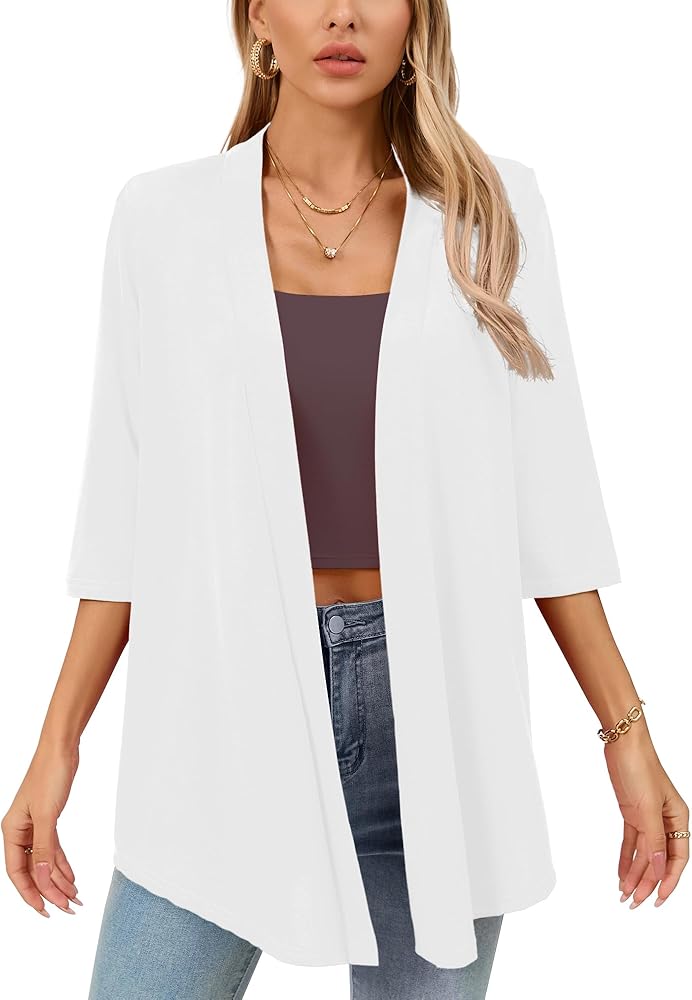 Women's Lightweight Open Front Cardigans 3/4 Sleeve Casual Soft Drape Spring Summer Fall Cardigan S-3XL