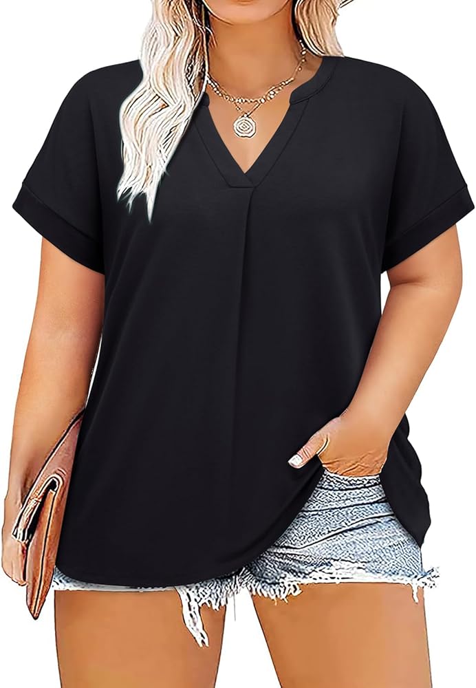 Bulotus Womens Plus Size Tops Summer V Neck Short Sleeve Causal Loose Fit Blouses L-4XL