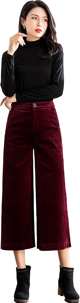 Corduroy Cropped Wide Leg Pants Women's Elastic Waist Culotte Corduroy Pants w/Side Pockets