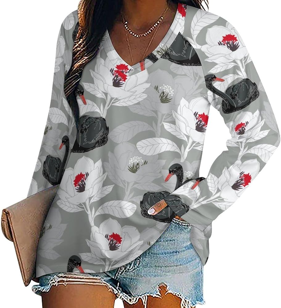 Swan Water Lily Loose Womens Shirts Long Sleeve Tees Tops Casual V-Neck Graphic Blouses