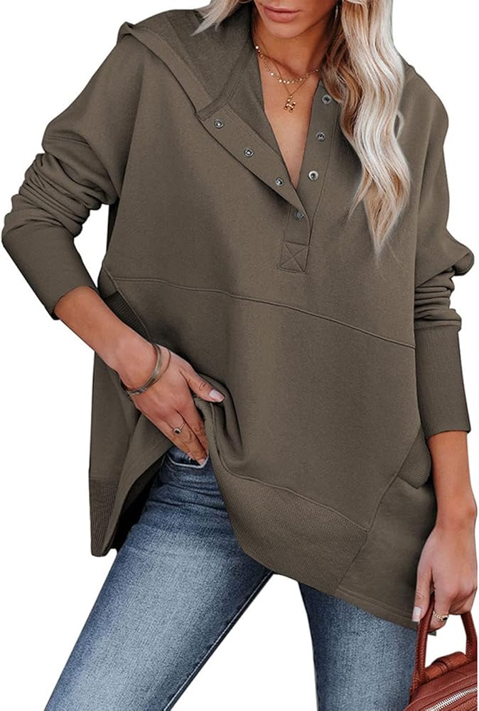 PAODIKUAI Women Casual Button Hoodies Oversized V Neck Long Sleeve Pullover Sweatshirt Hooded Tops with Pockets