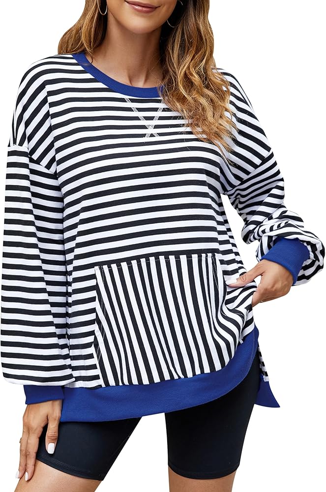 Blooming Jelly Women Oversized Sweatshirt Striped Color Block Crewneck Long Sleeve Shirt Casual Pullover Top Fall Y2K Clothes