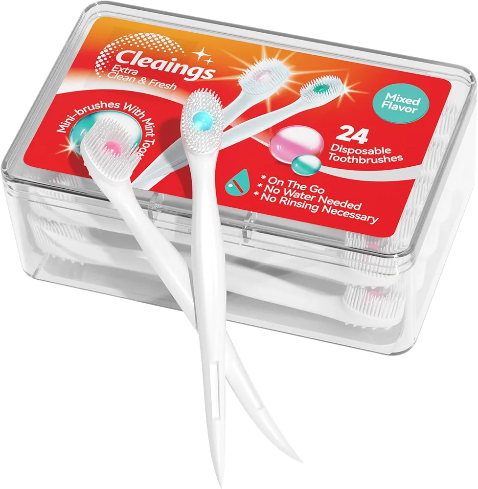 cleaings® Mini Brushes-Disposable Toothbrushes with Toothpaste and Pick for Work or Travel, 24 Count (Iced Peach Flavor（Pack of 1）)