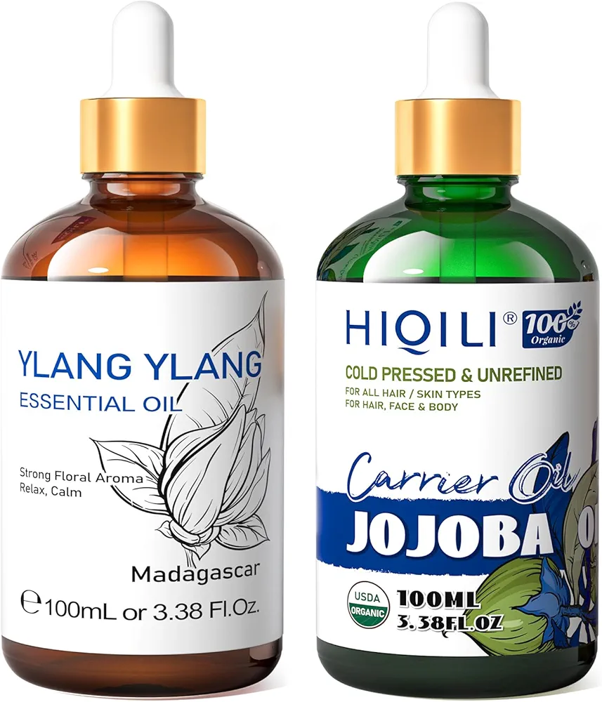 HIQILI Ylang Ylang Essential Oil and Jojoba Oil, 100% Pure Natural for Diffuser - 3.38 Fl Oz