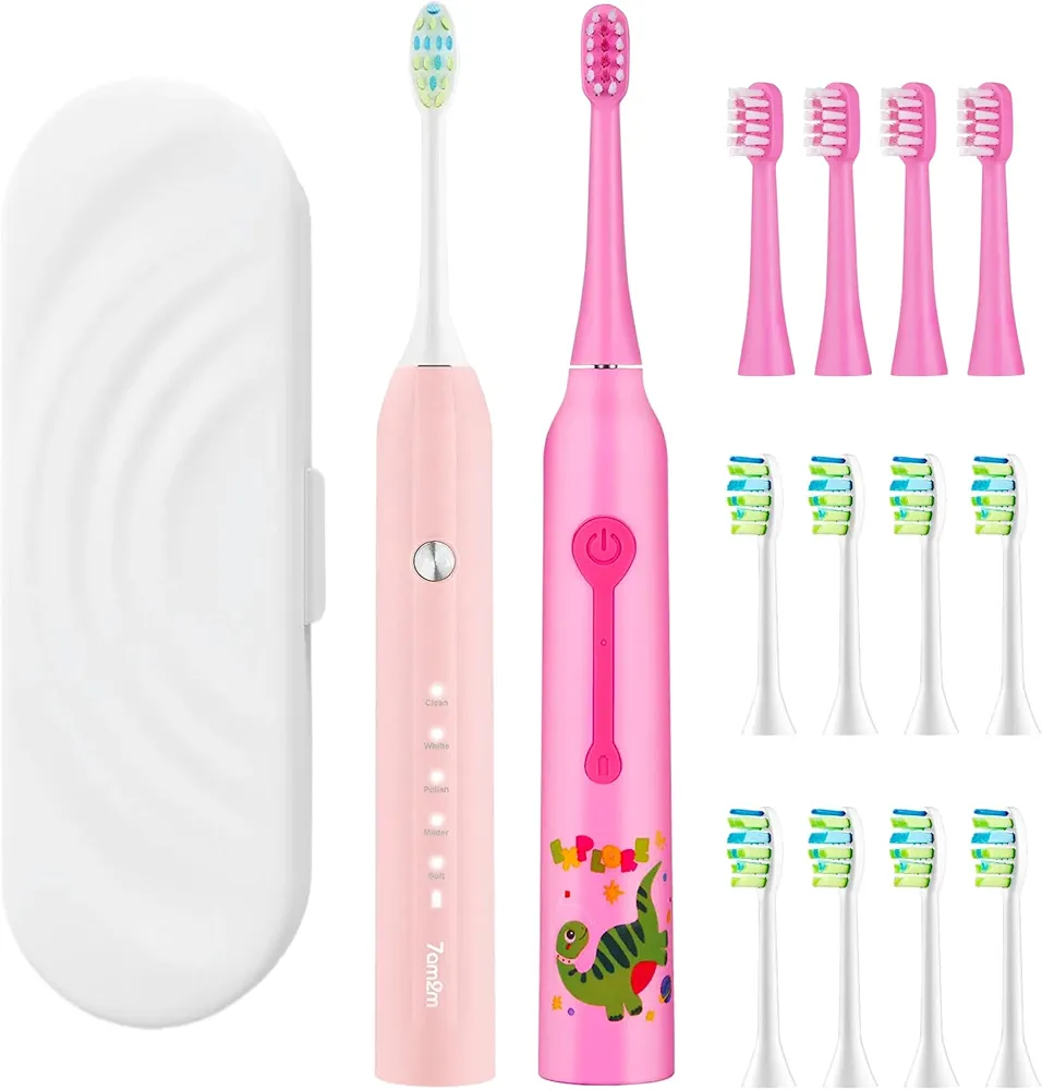 7AM2M Sonic Electric Toothbrush for Adults and Kids with 12 Brush Heads and Travel case,IPX7 Waterproof, 2 Minutes Build-in Smart Timer(Pink&Pink)