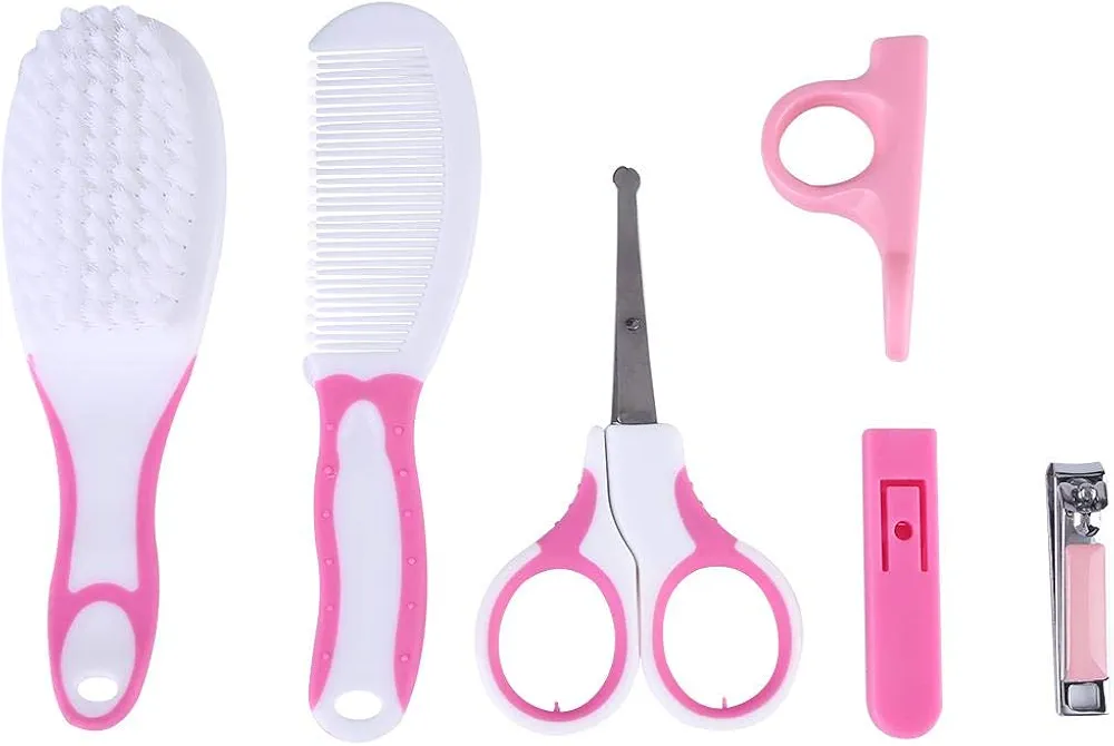 Baby Grooming Kit, Toes Fingernails Care, 6 pcs Baby Nail Kit Daily Care Set with Hair Brush, Hair Comb, Scissor, Nail Clipper, Nail Clipper Cover and Nail Scissor Handle Cover()