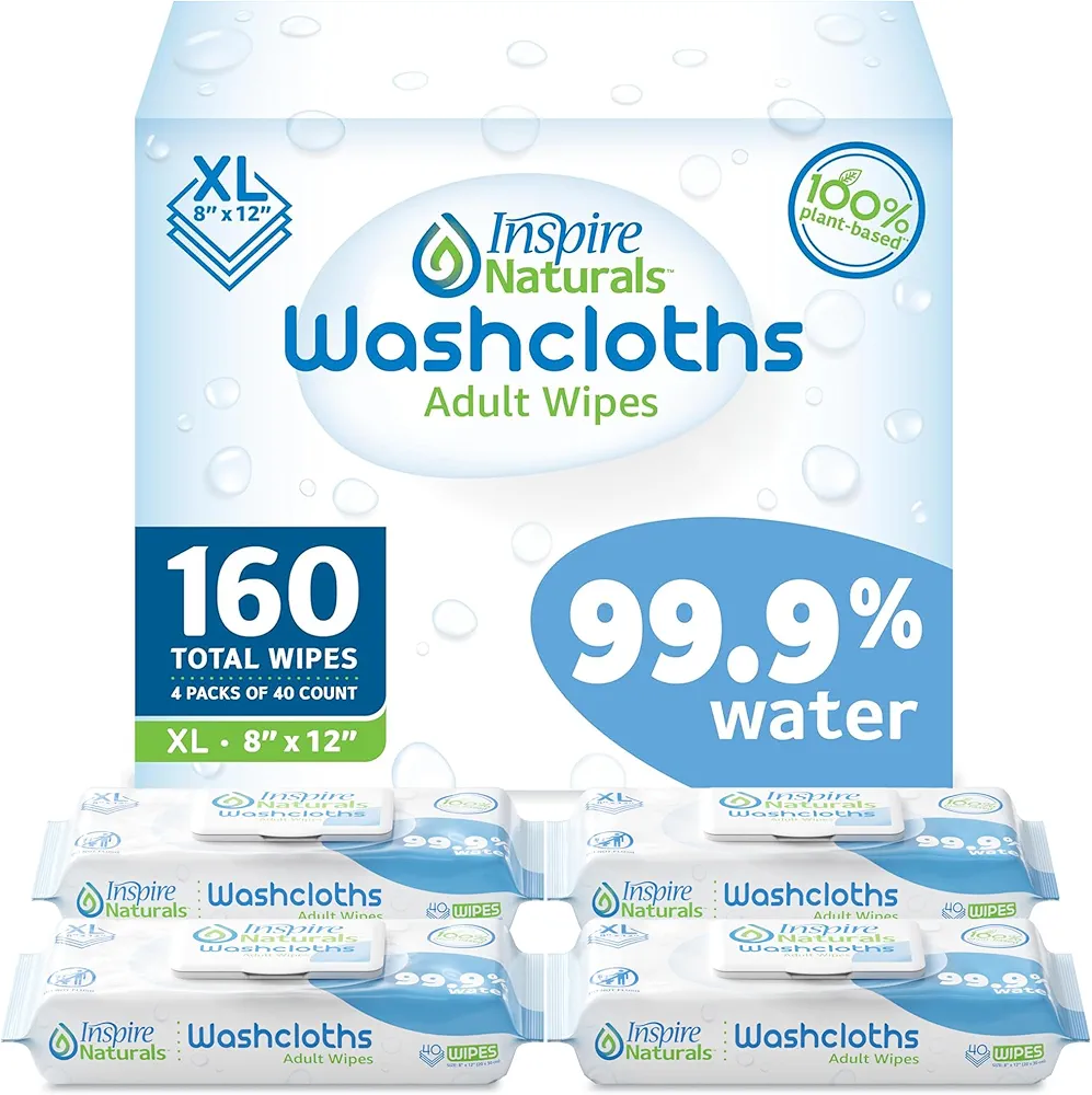 Inspire Naturals 99.9% Water Based Wet Wipes For Adults | Plastic Free Adult Wipes Extra Large Unscented | Disposable Washcloths For Adults Incontinence Body Wipes Elderly (99.9% Water 160 Ct)