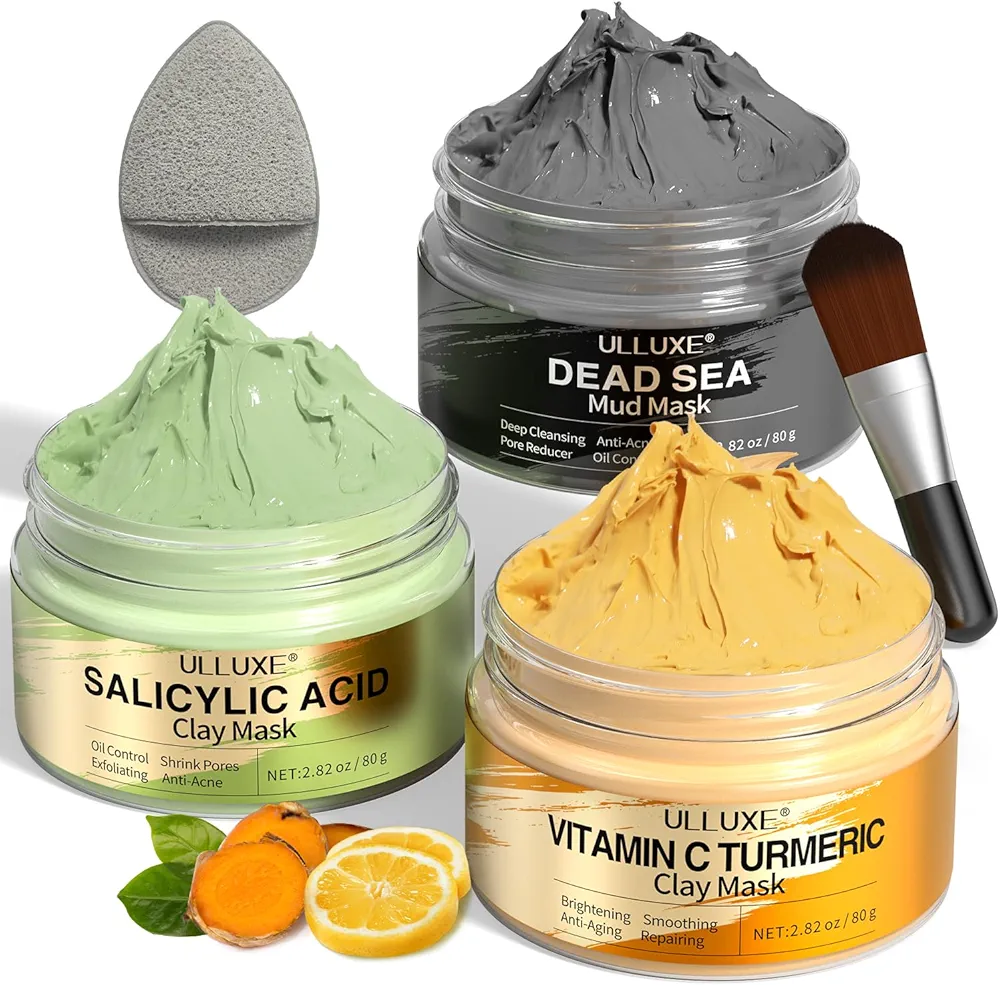 Vitamin C Turmeric Clay Mask, Dead Sea Mud Mask, and Salicylic Acid Clay Mask Deep Cleansing Pores, Reduce Dark Spots, Acne, Blackhead Remover, Face Skincare Mask Set for Women, Men, 2.82 oz each