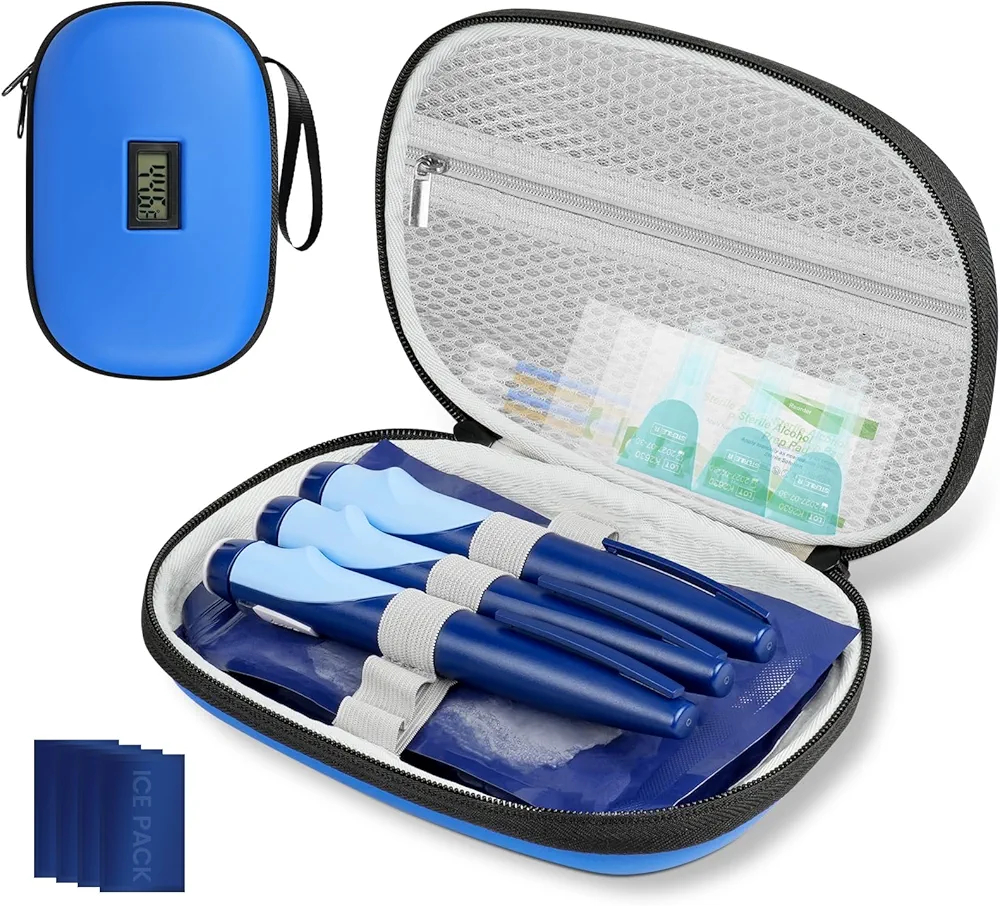 Insulin Cooler Hard Travel Case, Diabetes Medication Cooler with Digital Thermometer, 4 x 300ml Ice Packs for Double Cooling Time, Refrigerated Medication Storage Bag with Moisture Barrier Bag