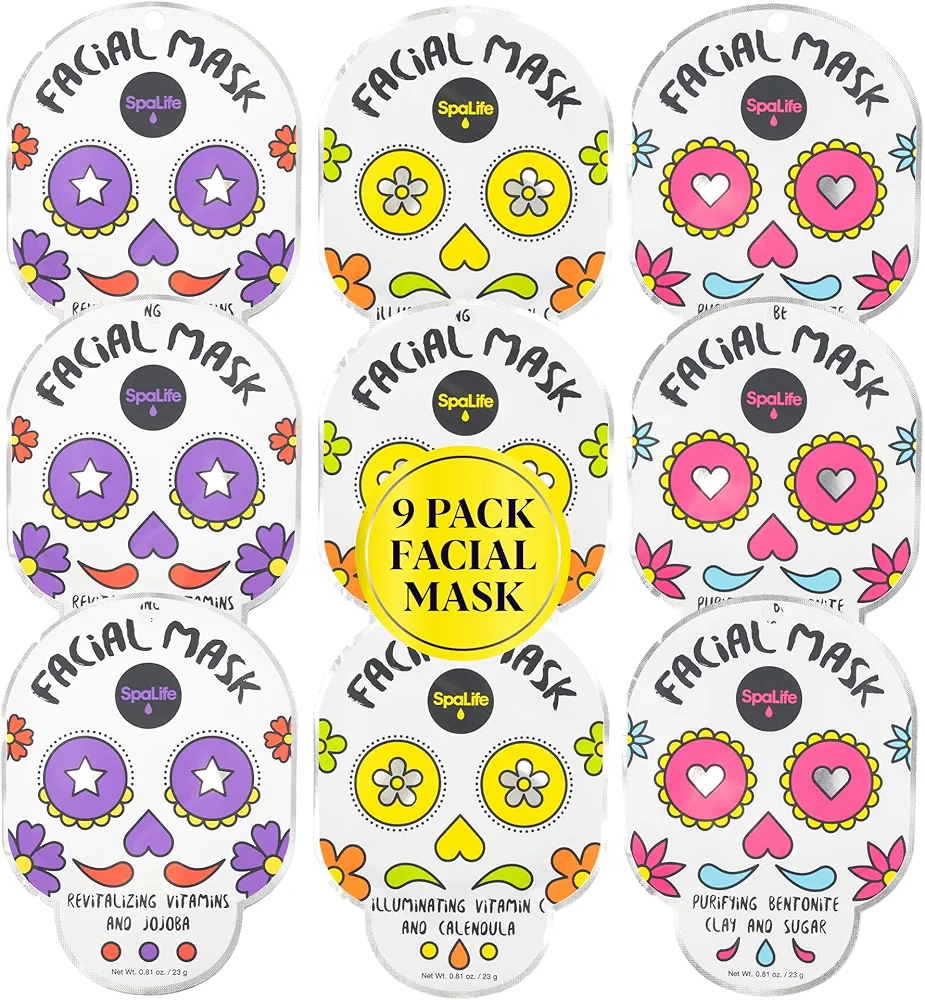 SpaLife Dia de Muertos Facial Mask Variety Pack - 9 Count for Hydrating and Refreshing Skin Care Korean Sheet Masks - Moisturizing Face Mask Sheets for Spa-Like Skin Rejuvenation