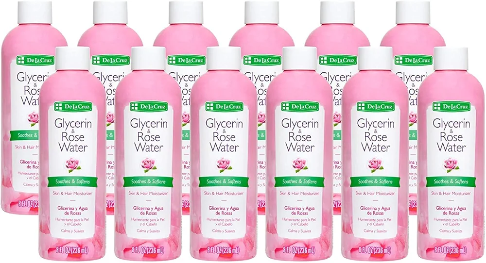 De La Cruz Rose Water and Glycerin for Face - Rosewater Facial Toner and Moisturizer for Skin and Hair 8 fl oz (236 mL) - 12 Bottles