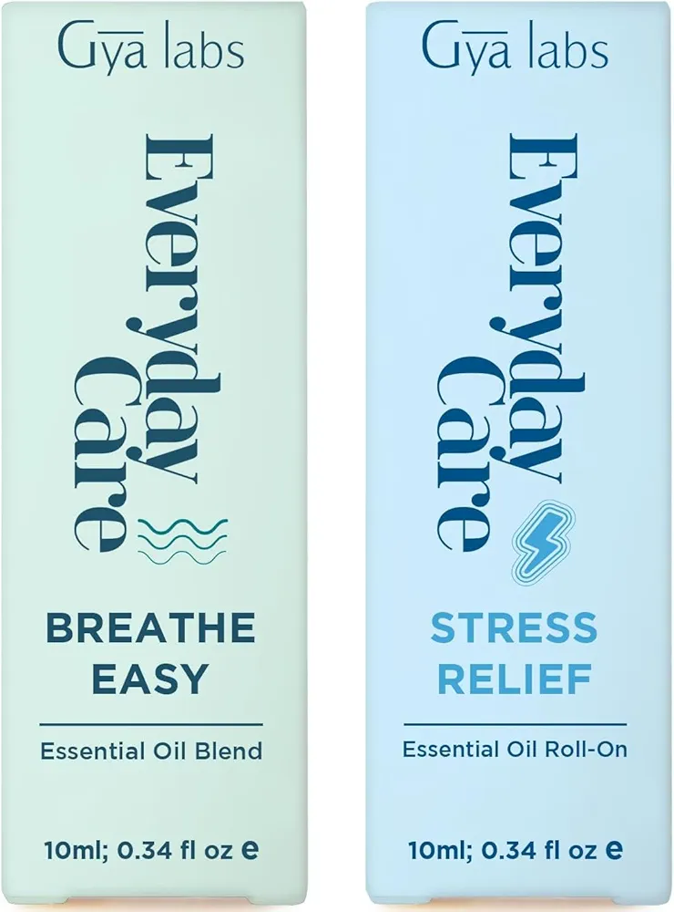 Breathe Easy Roll On & Stress Relief Roll On Set - 100% Natural Aromatherapy Grade Essential Oils Roll On Set - 2x0.34 fl oz - Gya Labs