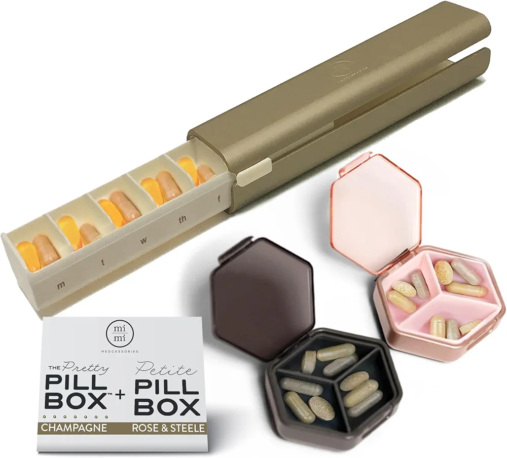 Pill Organization Set - Stylish Daily & Weekly Pill Management for Modern Living with Petite Pillbox & 7 Day Pretty Pillbox – A Weekly Pill Organizer in Rose Steele & Champagne