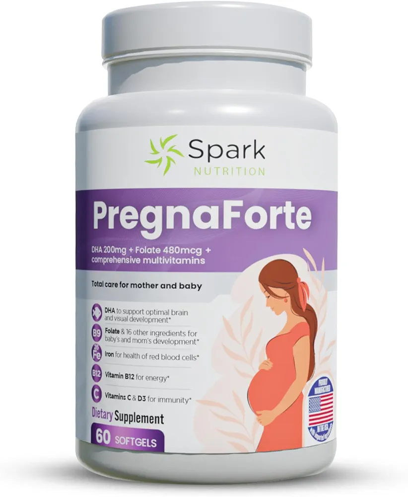 Pregnaforte Prenatal Multivitamin 60 days: Folic acid, Omega-3 DHA/EPA, Vitamins A, B6, B12, C, D3, E & Minerals: Calcium, Iron, Zinc, Magnesium - Before, During & Post Pregnancy, Non-GMO Gluten Free