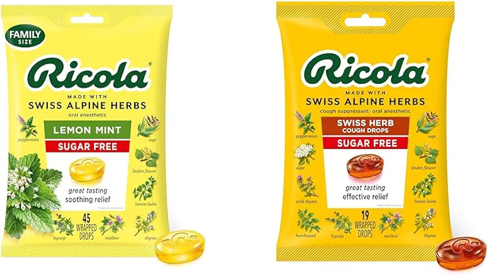 Ricola Sugar Free Lemon Mint Throat Drops, 45 Count, Refreshing Relief From Minor Throat Irritations & Sugar Free Original Natural Herb Cough Drops, 19 Count, Cough Suppressant & Throat Relieving