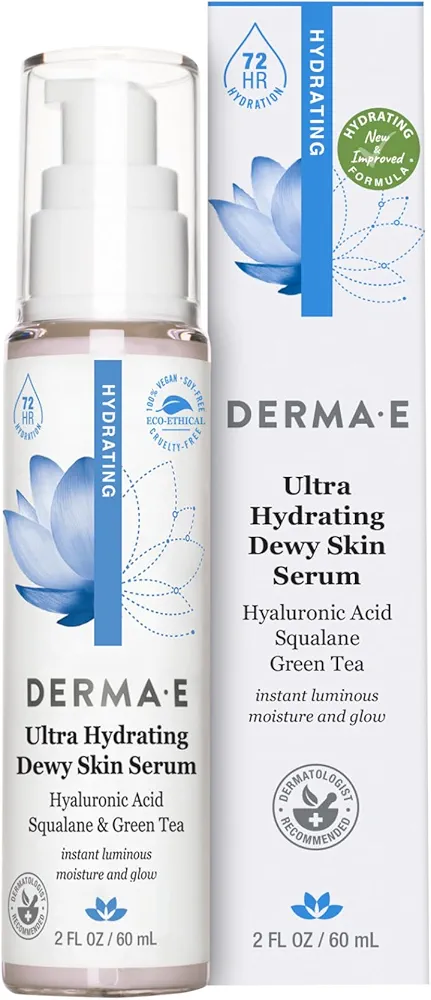 DERMA E Ultra Hydrating Dewy Skin Serum – Moisturizing Facial Treatment with Anti-Aging Squalane, Hyaluronic Acid and Ceramides to Smooth and Replenish, 2 FL Oz