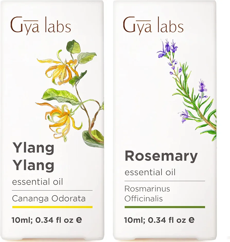 Ylang-Ylang Essential Oil for Diffuser & Rosemary Oil for Hair Set - 100% Natural Aromatherapy Grade Essential Oils Set - 2x0.34 fl oz - Gya Labs