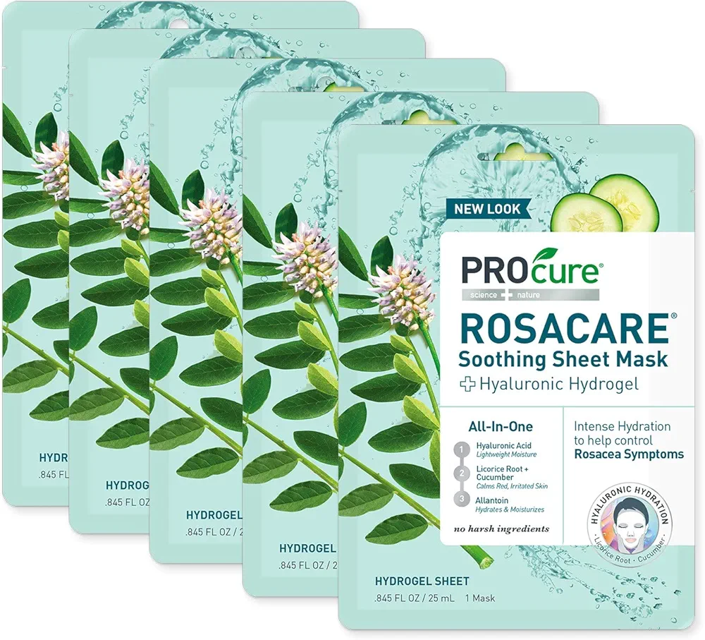 PROcure Rosacare Soothing Sheet Face Mask with Hyaluronic Hydrogel for Rosacea Symptoms, 5 Masks