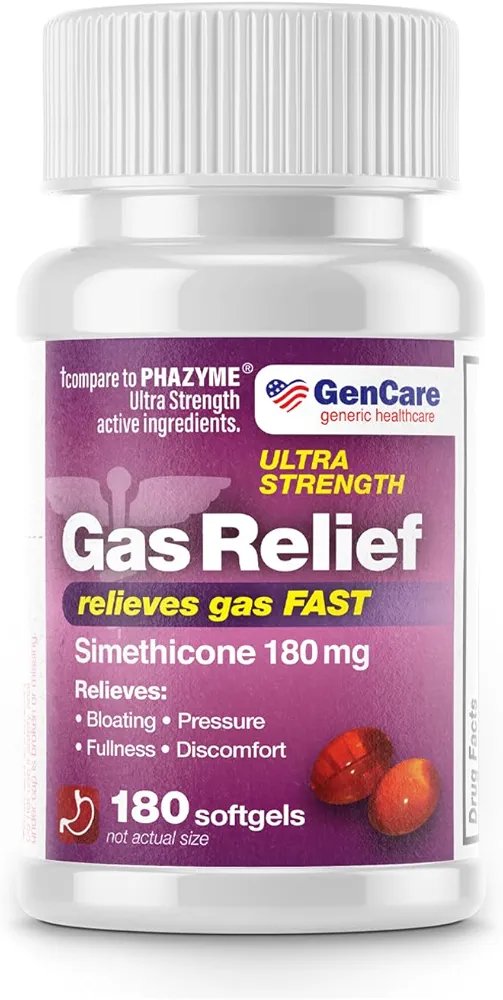 GenCare - Ultra Strength Simethicone Gas Relief 180 mg (180 Softgels) | Anti Flatulence, Bloating Aid, Stomach Discomfort and Gas Pressure Reliever Pills | Relieves Gas Fast | Generic Phazyme