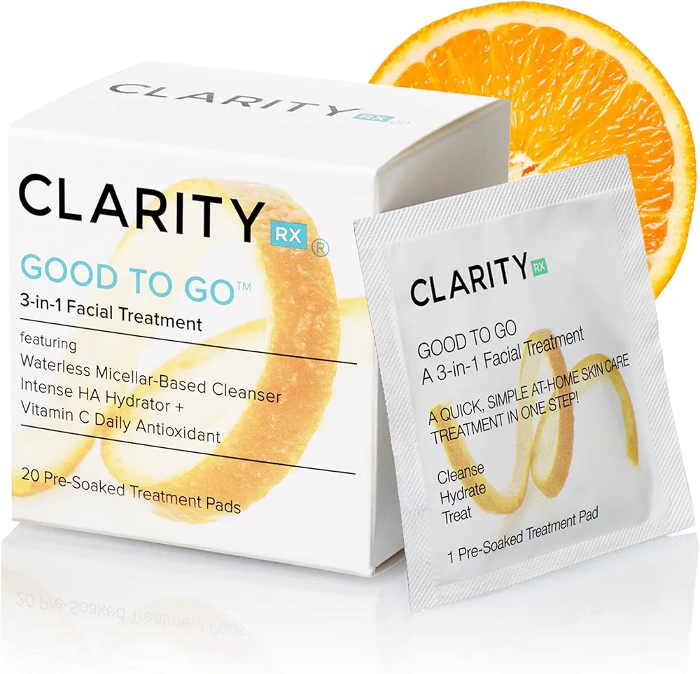 ClarityRx Good To Go 3-in-1 Cleansing Facial Treatment, Natural Plant-Based Face Wipes with Micellar Water, Hyaluronic Acid & Vitamin C for All Skin Types (20 Count)