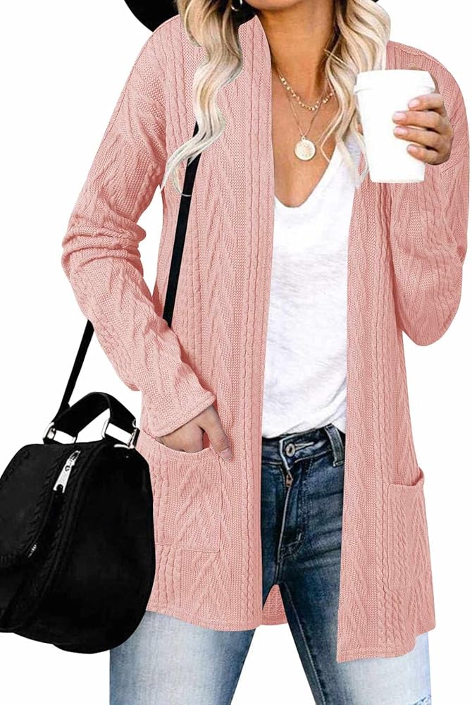 MEROKEETY Women's Casual Long Sleeve Open Front Cable Knit Cardigans Lightweight Solid Color with Pockets