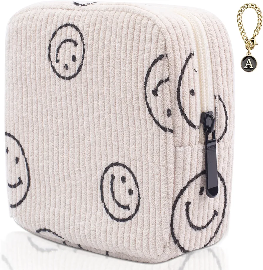 Sanitary Napkin Storage Bag,Preppy Corduroy Period Bag for School Teen Girls, Cute Smiley Face,Portable Period Pouch with Zipper, Sanitary Pads Bag Tampons Holder for Purse, First Period