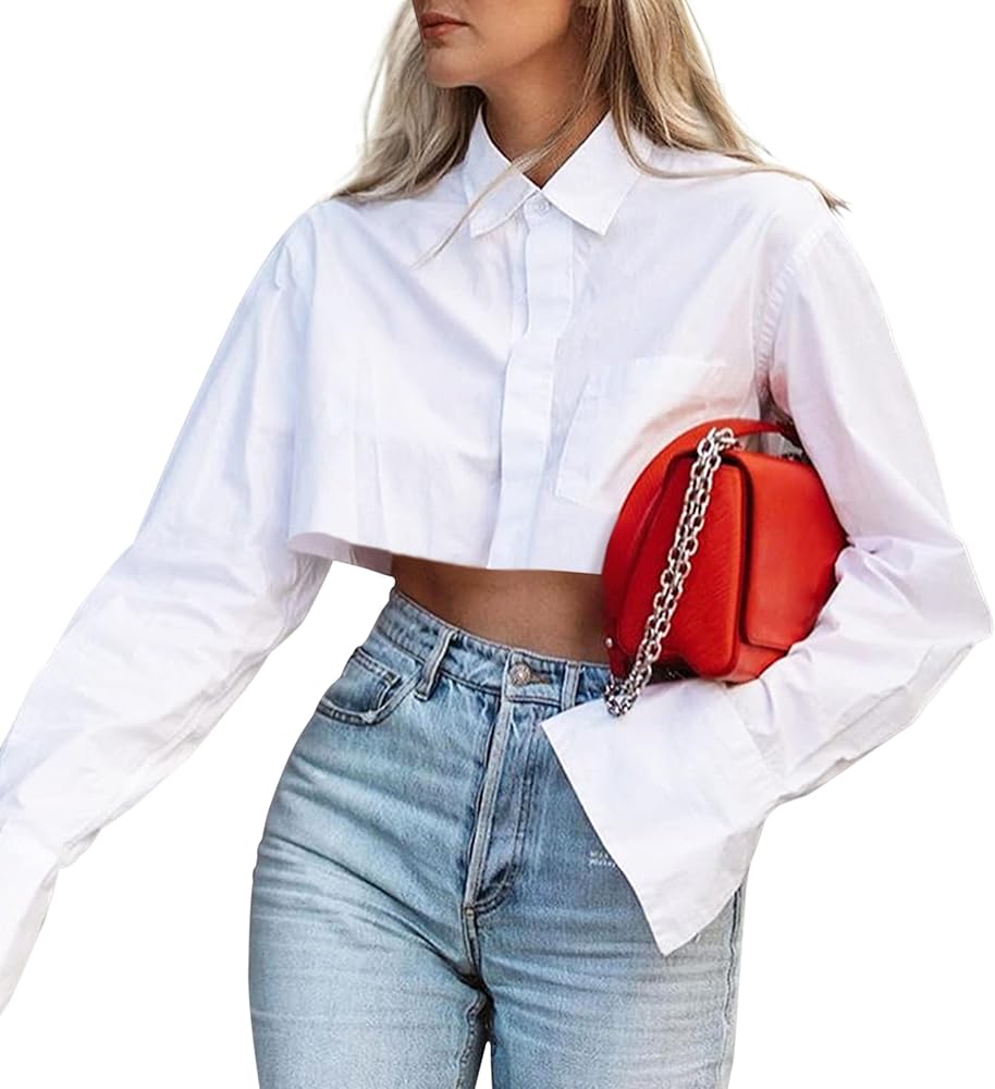 SAFRISIOR Women Solid Button Down Turn Down Collar Crop Shirt Long Sleeve Loose Aesthetic Irregular Crop Blouse Tee Top