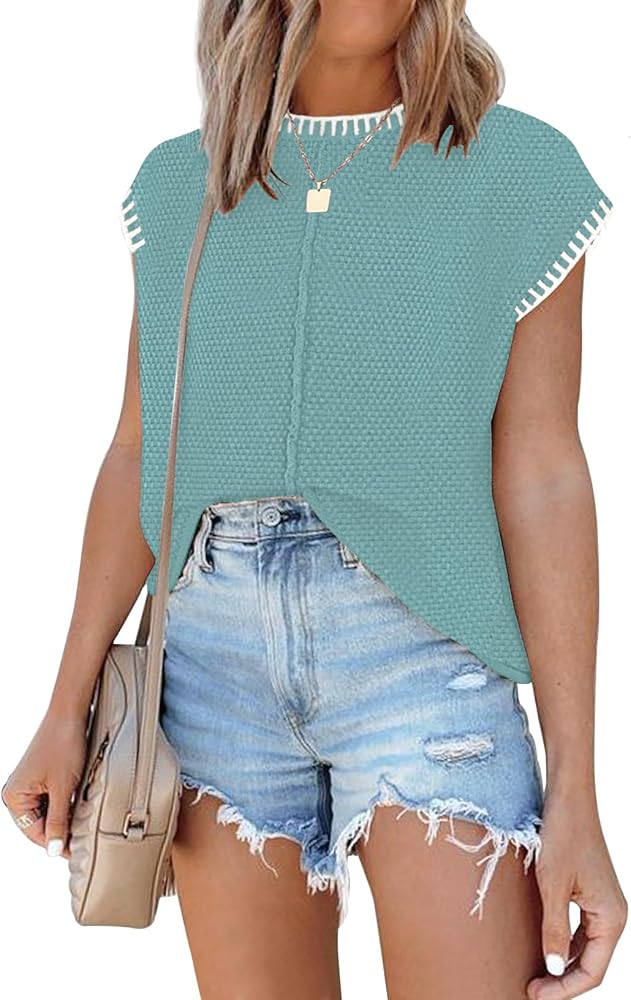 Waffle Knit Sweater Shirts for Women Cap Sleeve Summer Tops Basic Tank Tops