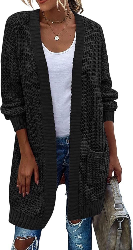 Zeagoo Women's 2024 Fall Open Front Cardigan Long Batwing Sleeve Chunky Knit Sweater Loose Outerwear Coats with Pockets