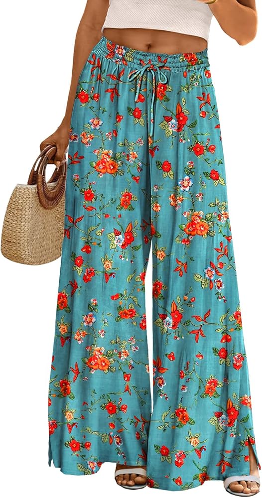 YESNO Women Summer Boho Palazzo Pants 2024 High Waist Wide Leg Floral Casual Cotton Lounge Trousers with Pockets PP0