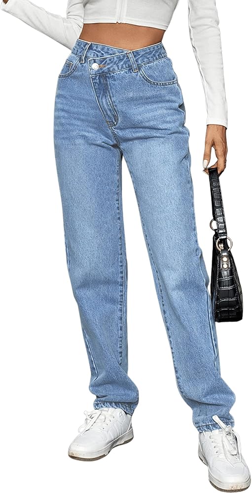 SweatyRocks Women's High Waisted Straight Leg Long Jeans Asymmetrical Waist Denim Pants Medium Blue S