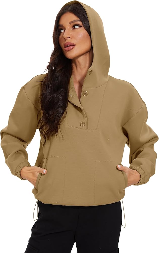 Women Casual Button Front Hoodies Sweatshirt V Neck Long Sleeve Oversized Pullover Tops with Pockets Winter