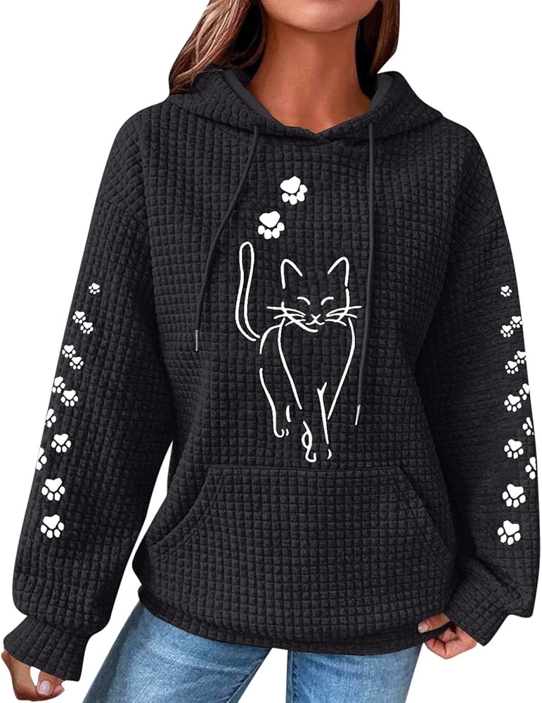 2024 Waffle Knit Hoodies for Women Cute Cat Graphic Long Sleeve Drawstring Sweatshirts Trendy Oversized Pullover Tops