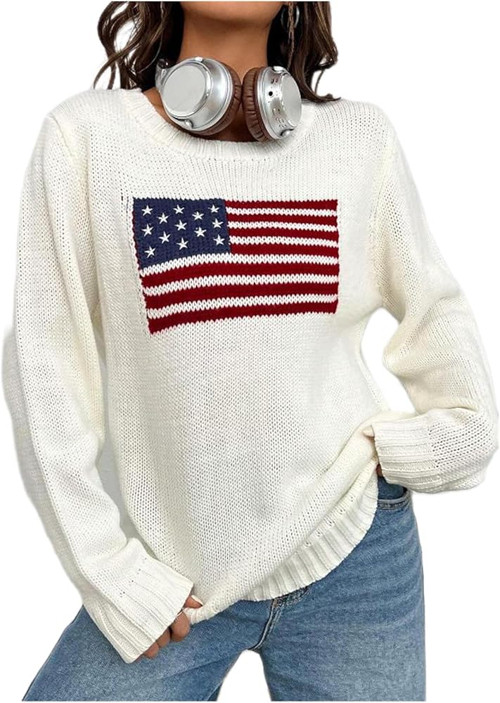 Women's American Flag Sweater Vintage Star Print Long Sleeve Crew Neck Sweater Top 4th of July Knit Top