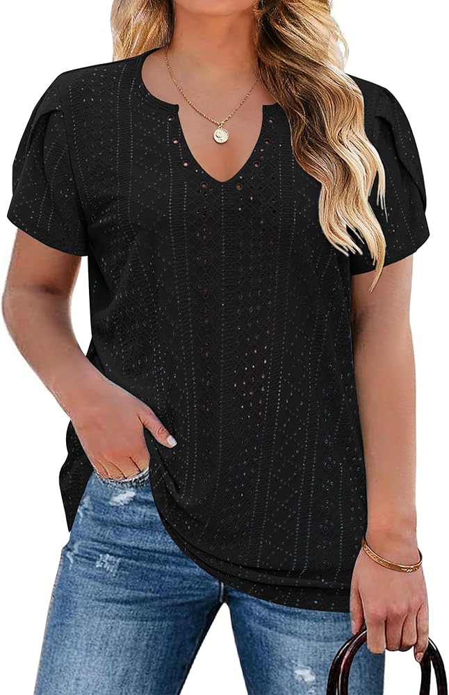 IN'VOLAND Womens Plus Size Summer Tops Casual Country V Neck Hollow Tee Shirts Petal Sleeve Fashion Loose Blouse 2024