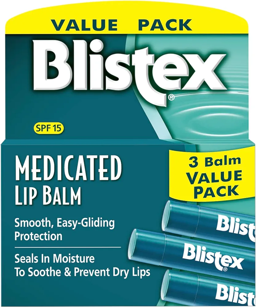 Blistex Medicated Lip Balm, 0.15 Ounce, 3 Count (Pack of 1) Prevent Dryness & Chapping, SPF 15 Sun Protection, Seals in Moisture, Hydrating Lip Balm, Easy Glide Formula for Full Coverage