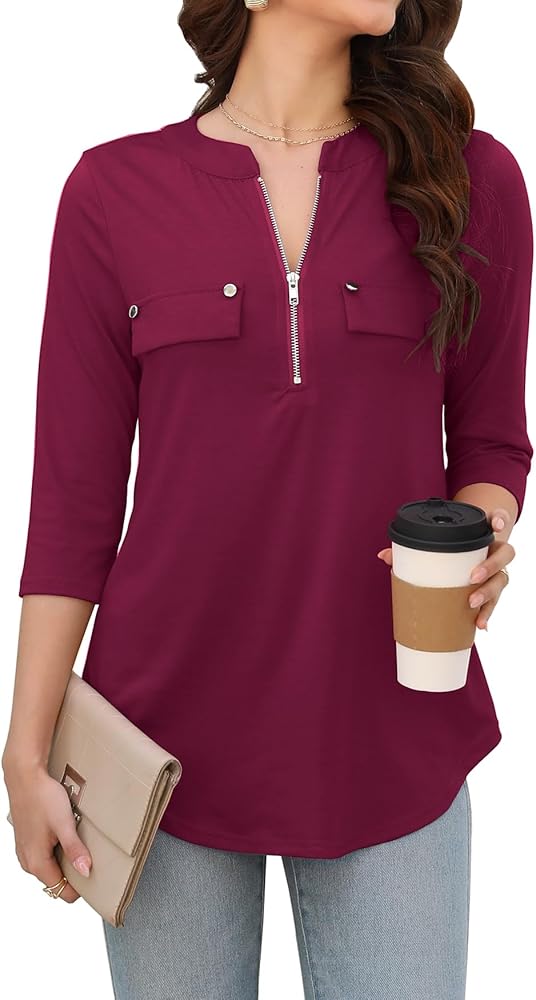 LuckyMore Womens 3/4 Sleeve Business Casual Tops Zip V Neck Work Tunic Blouses Shirts