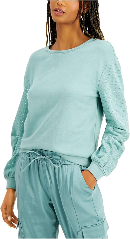 INC International Concepts Women's Embellished-Sleeve Sweatshirt Sage Burst XS